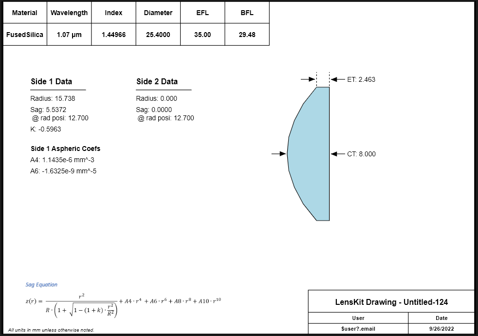 Figure 9: Engineering drawing for optimized lens.